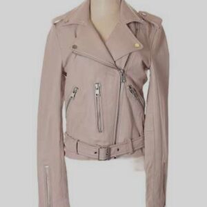 Amaryllis Women’s S Blush Pink Classic Leather Moto Zipper Lapels Belt Jacket